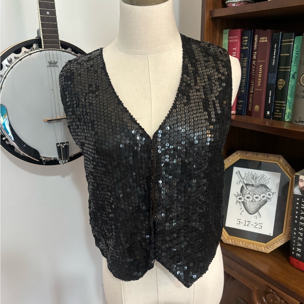 VTG 80s Silk Sequin Black Vest Unique Glam Rock Festival Layering SZ Small